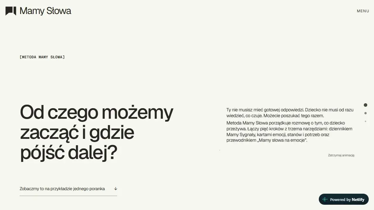 Pięć kroków rozmowy — rzeczywisty zrzut platformy Mamy Słowa