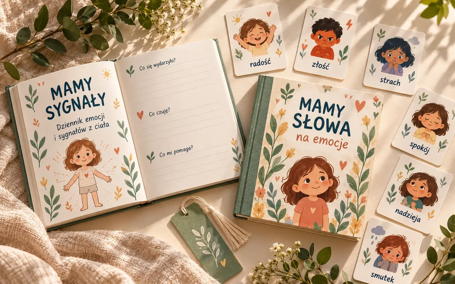 Koncepcyjna kompozycja dziennika Mamy Sygnały, przewodnika i sześciu ilustrowanych kart emocji