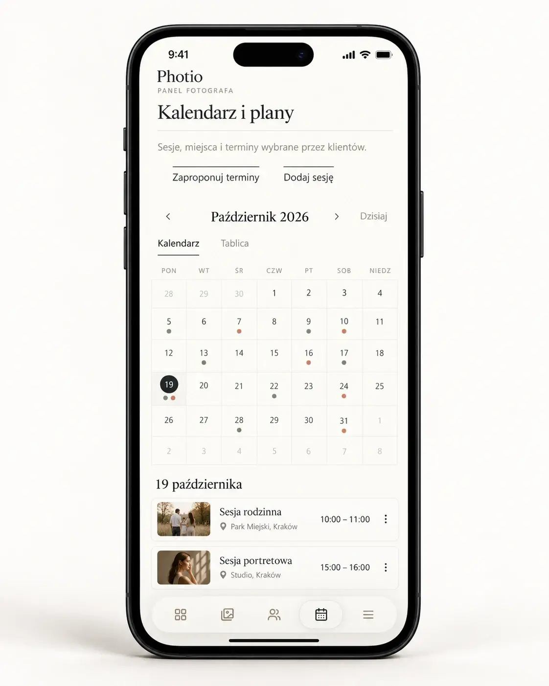 Photio na telefonie — kalendarz i plan sesji fotograficznych