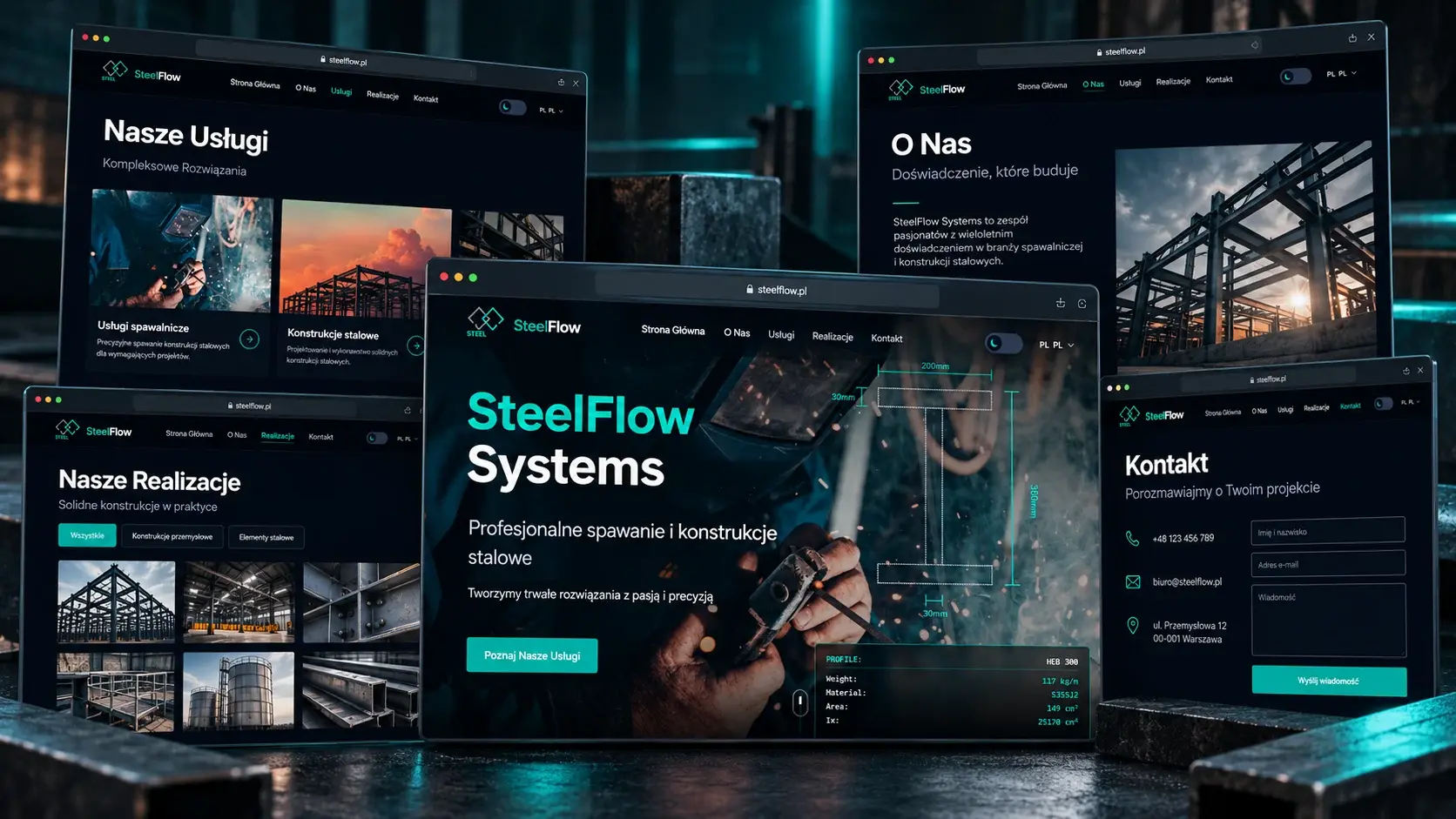SteelFlow Systems — mozaika widoków strony
