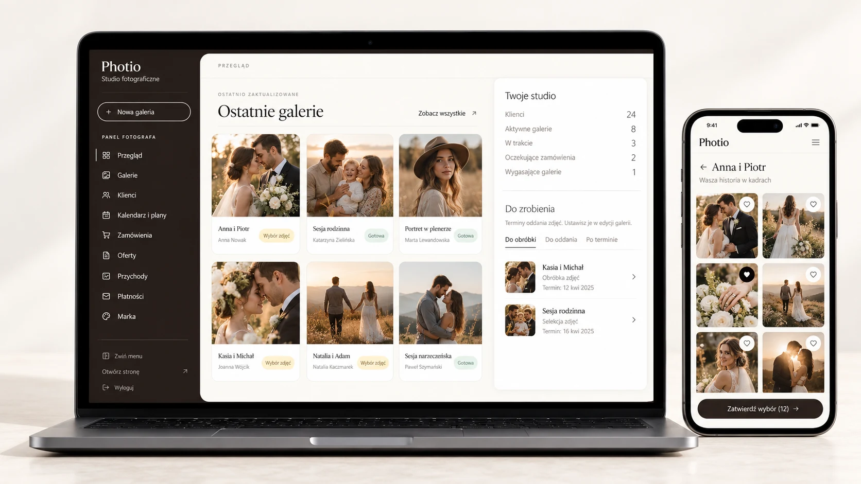 Photio — platforma dla fotografów w prezentacji na laptopie i telefonie