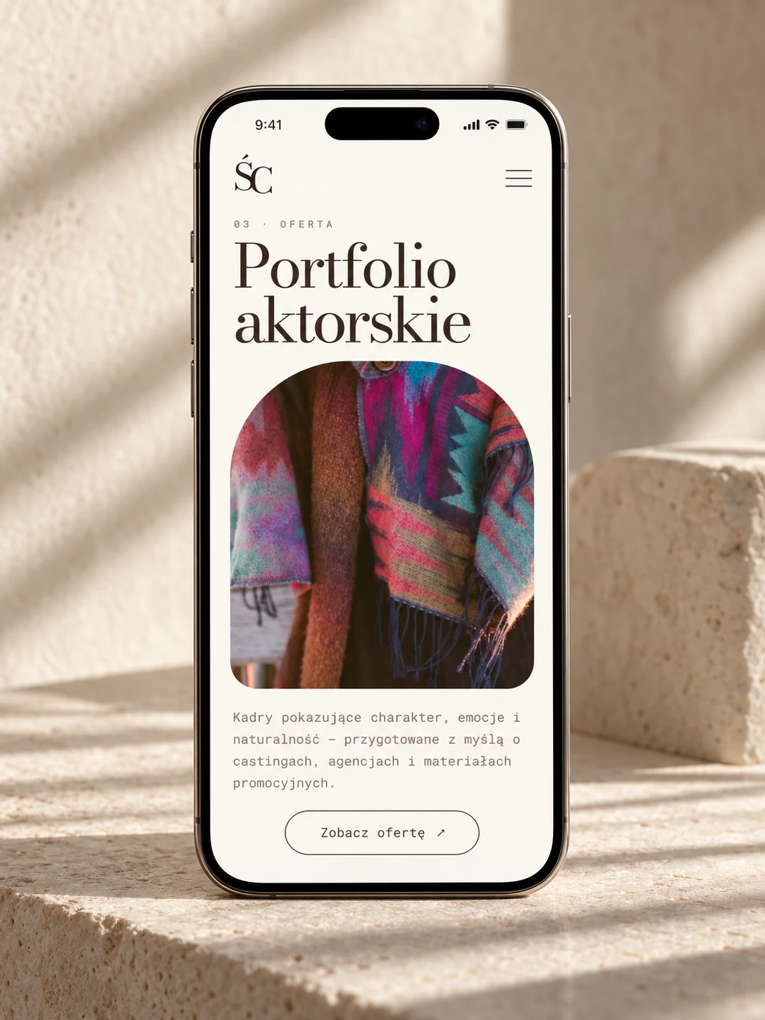 Światło i Cień — detal mobilnej wersji projektu portfolio